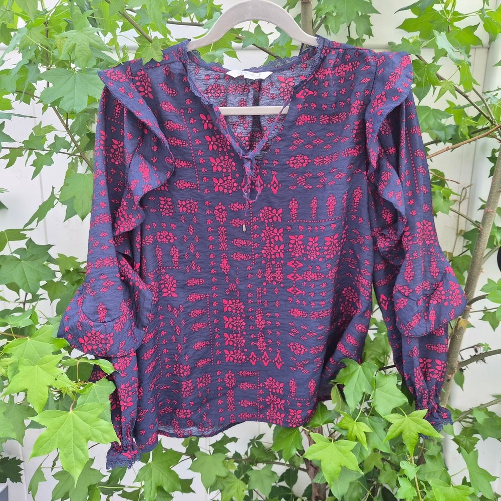 The Pioneer Woman Navy‎ Red Floral Ruffle Blouse Long Sleeve V-Neck Cottagecore